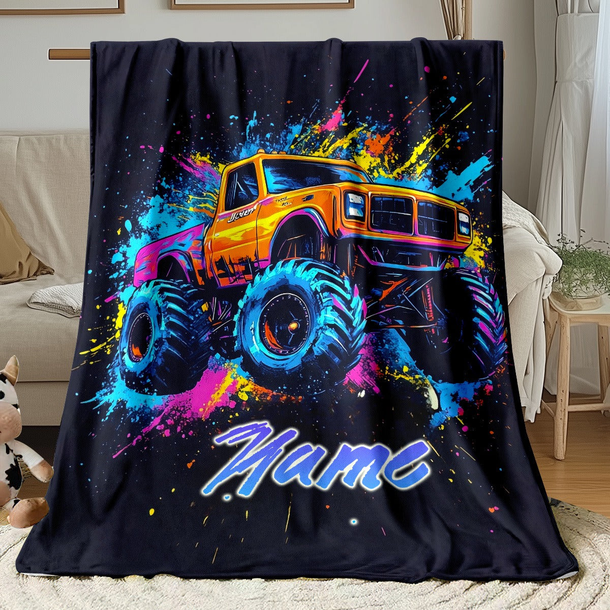 Personalized Monster Truck Flannel Blanket – Custom Name Ink Splitter Design