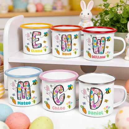 Personalized Cartoon Bunny Easter Eggs Initial 12 oz Enamel Mug