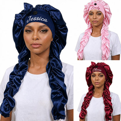 Personalized Satin Bonnet with Long Ties | Custom Name Silk Sleep Cap