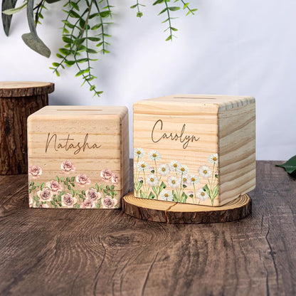Personalized Birth Flower Piggy Bank Birthday Gift Wooden Money Box with Name