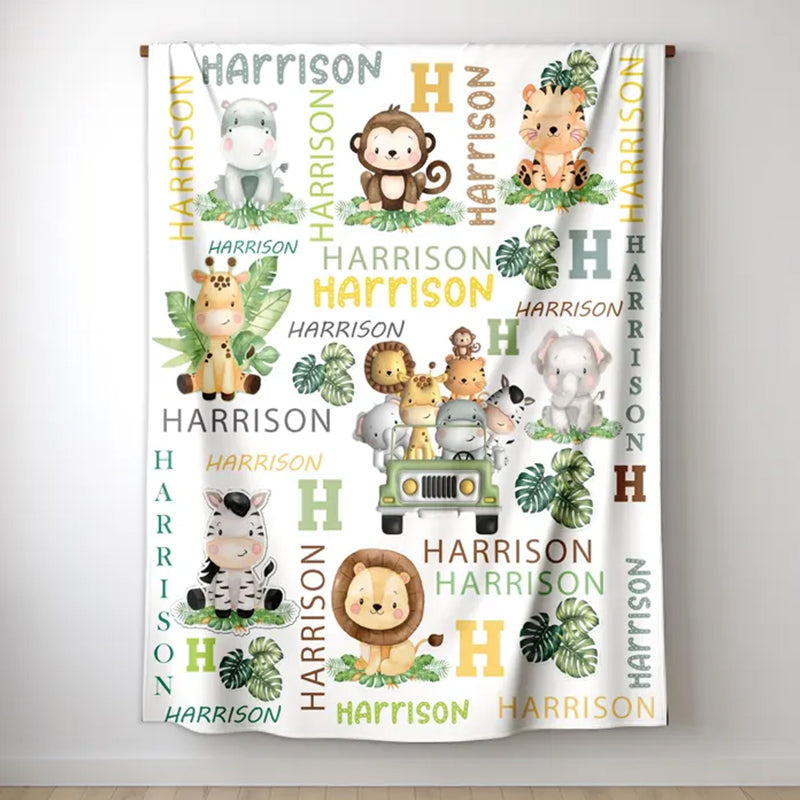 Personalized Safari Animal Blanket Boy, Baby Name Blanket