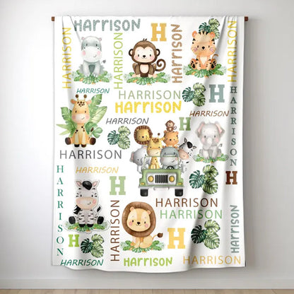 Personalized Safari Animal Blanket Boy, Baby Name Blanket