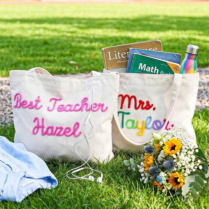 Personalized Corduroy Teacher Tote Bag,Hand Crochet Name Zipper bag