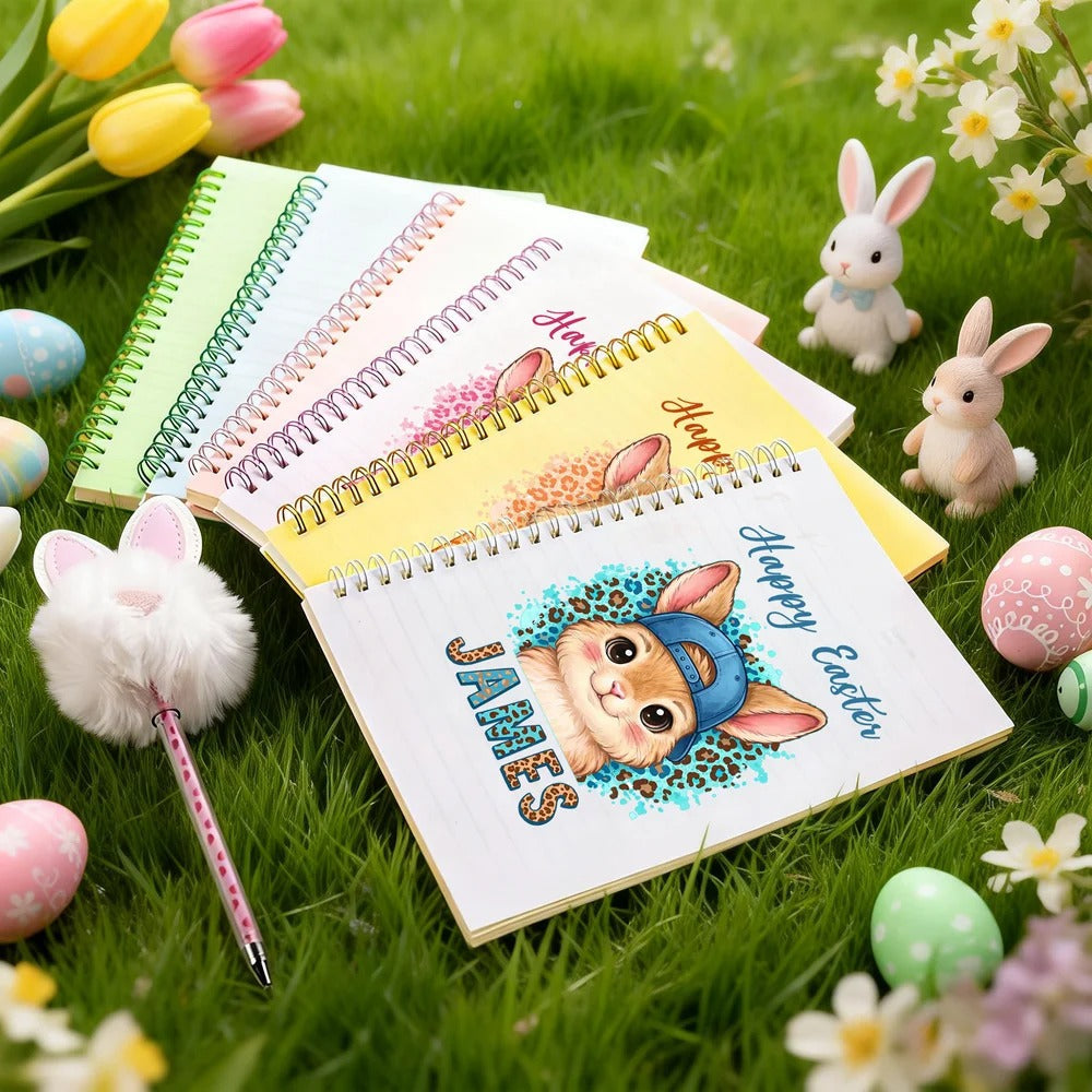 Personalized Happy Easter Cute Rabbit Leopard Print A5 Spiral Notebook