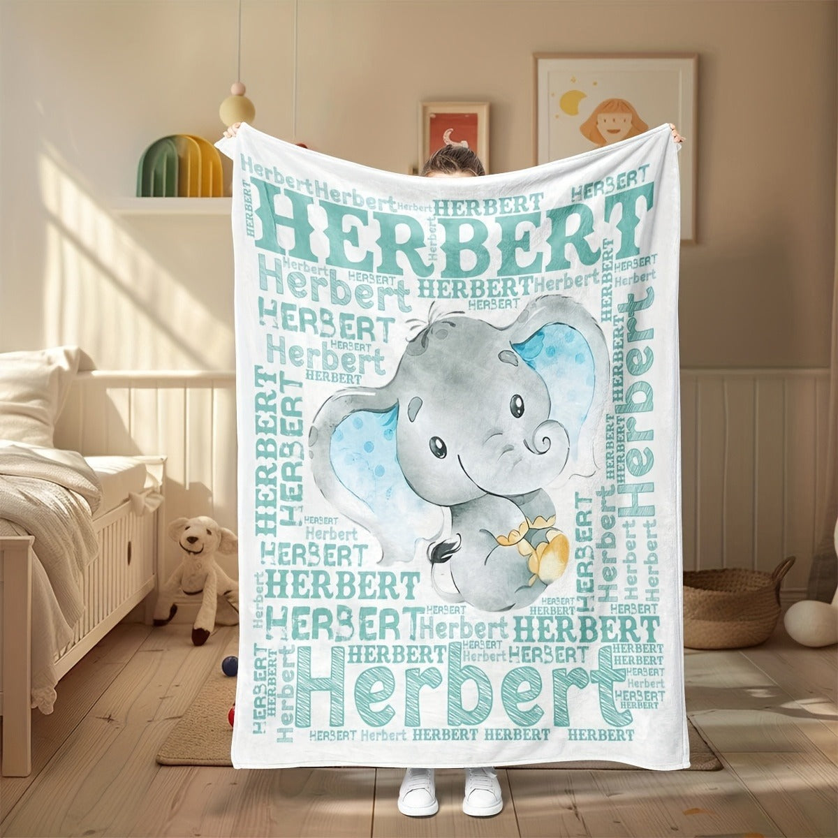 Adorable Smiling Little Elephant Green Full Screen Text Cute Cartoon Creative Name Blanket
