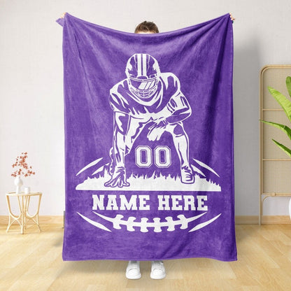 Customizable American Football Design Blue Flannel Blanket, Personalized Name