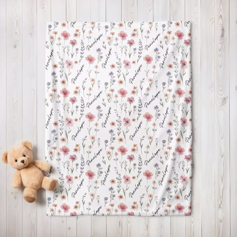 Personalized Wildflower Baby Blanket, Custom Baby Name Blanket