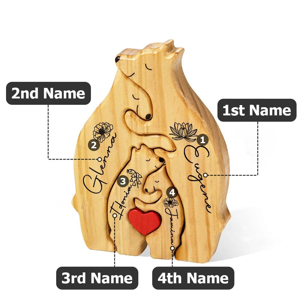 Personalized Red Heart Birth Flower Wooden Hug Bear Family Puzzle