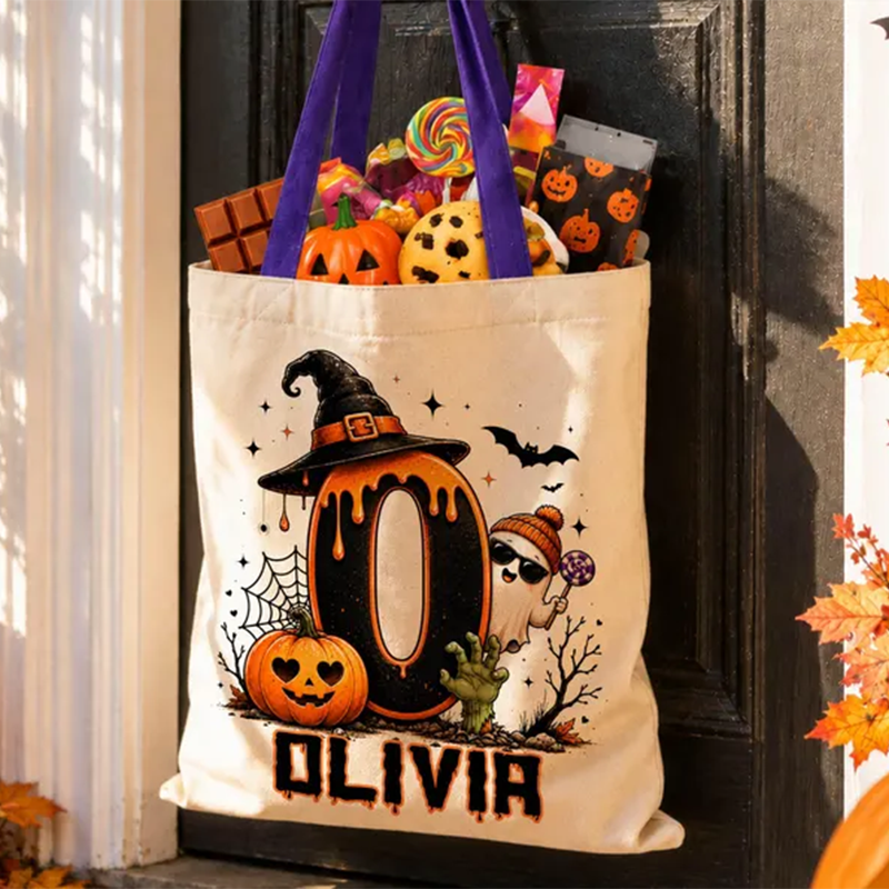 Cute Halloween Ghost bag, Spooky Goodie Bag, Custom Name Halloween Tote Bag