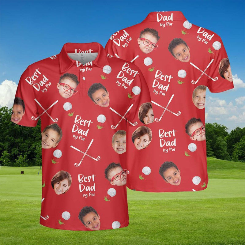 Best Dad By Par Polo Shirt with Custom Kid Face Photo Portrait, Father's Day Gift