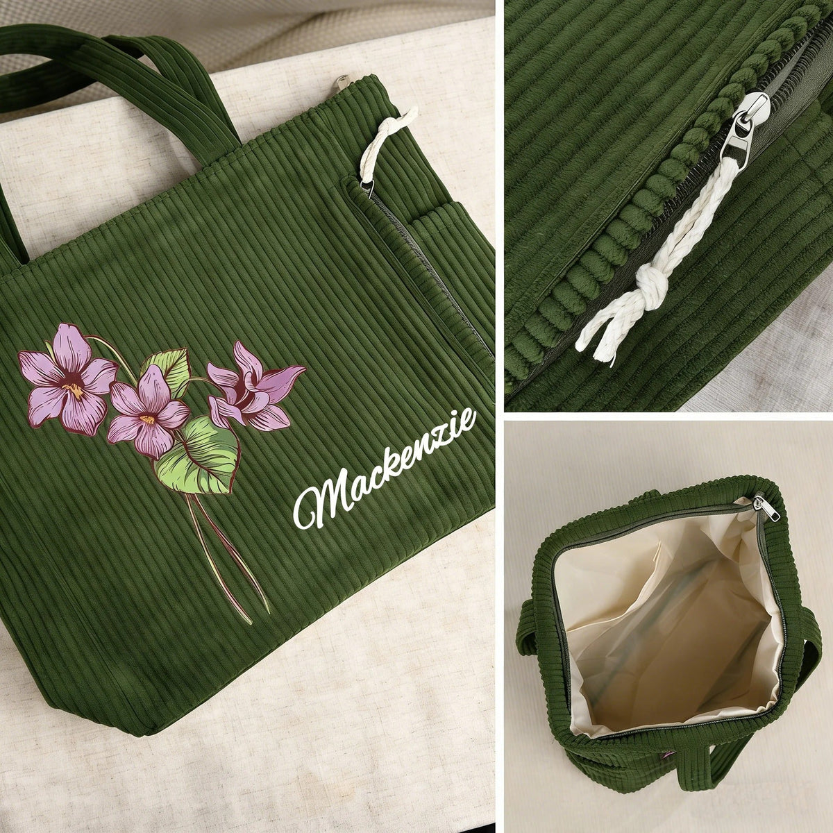 Personalized Birth Flower Corduroy Large Capacity Tote Bag