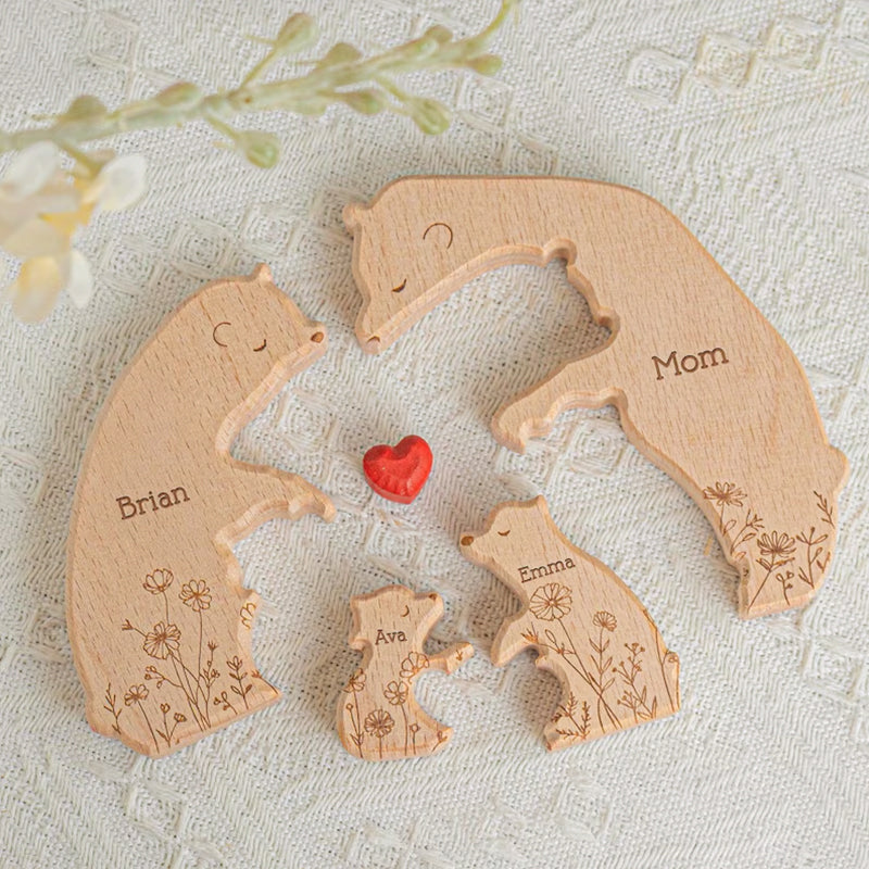 Hugging Bear Family Floral Version, Personalized Wooden Bear Family Puzzle