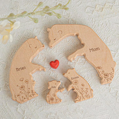 Hugging Bear Family Floral Version, Personalized Wooden Bear Family Puzzle
