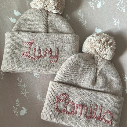 Personalized Hand Embroidered Name Winter Pom-pom Hat