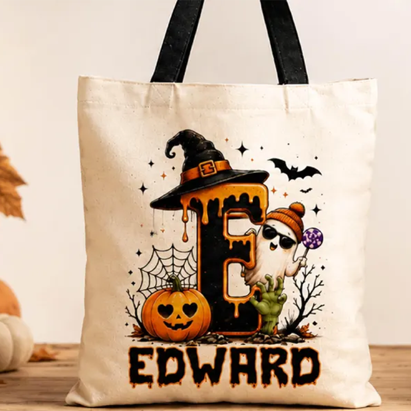Cute Halloween Ghost bag, Spooky Goodie Bag, Custom Name Halloween Tote Bag