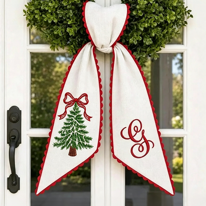 Personalized Christmas Tree Wreath Sash, Pink Stripe Monogram Door Bow