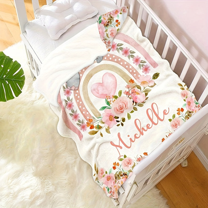 Custom Name Floral Pink Elephant Blanket