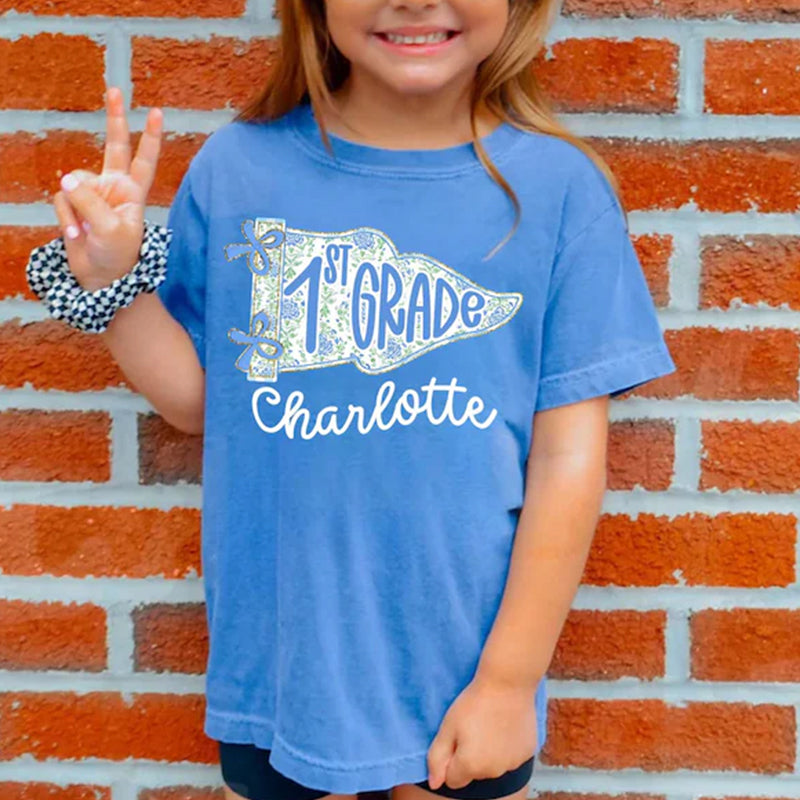 Personalized 1st Grade Shirt for Girls, Floral Pennant Back to School Shirt