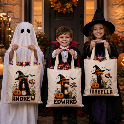Cute Halloween Ghost bag, Spooky Goodie Bag, Custom Name Halloween Tote Bag