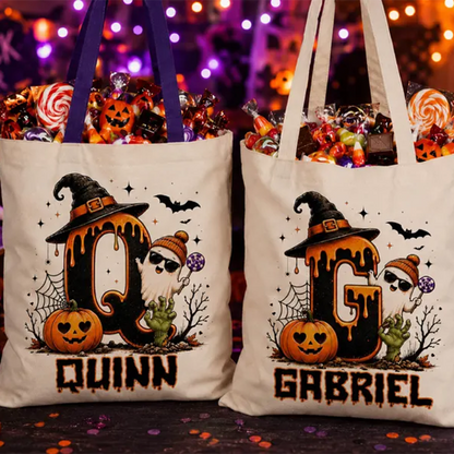 Cute Halloween Ghost bag, Spooky Goodie Bag, Custom Name Halloween Tote Bag