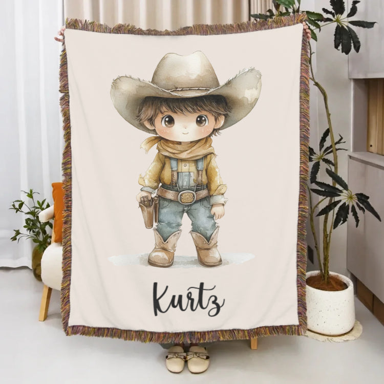 Personalized Cartoon Cowboy Tassel Blanket with Name