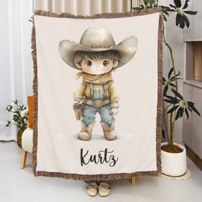Personalized Cartoon Cowboy Tassel Blanket with Name
