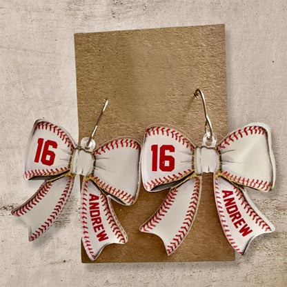 Custom Baseball Bow Earrings, Personalized Player Nam