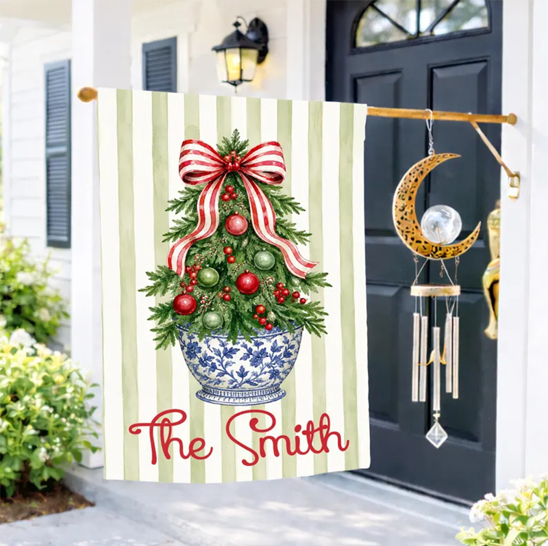 Striped Christmas Tree Flag Personalized Garden Flag Holiday Decor Custom Family Name