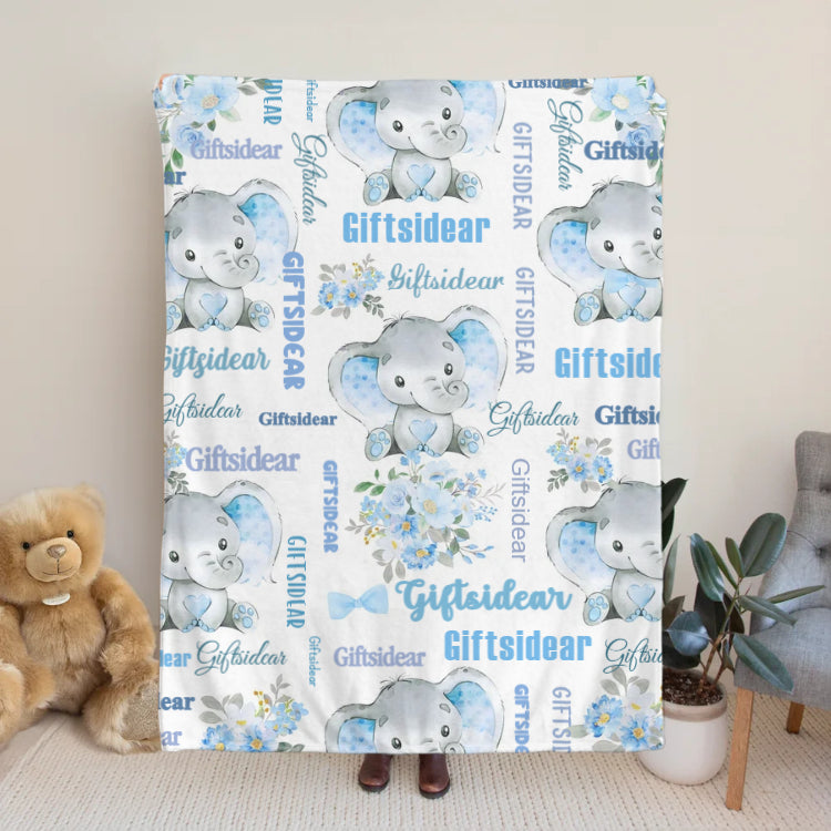 Personalized Cute Pink Blue Floral Elephant Blanket