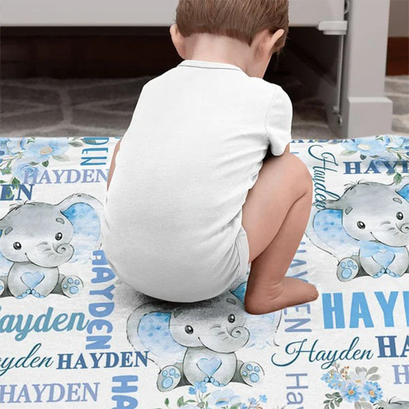Personalized Cute Pink Blue Floral Elephant Blanket