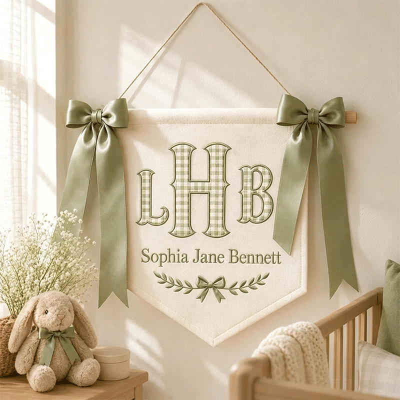 Embroidered Baby Banner, Monogram Hospital Sign, Birth Stats Tag