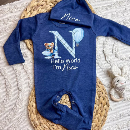 Personalized baby coming home outfit, romper hat set,