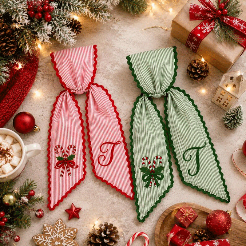 Personalized Christmas Wreath Sash, Pink Stripe Monogram Door Bow