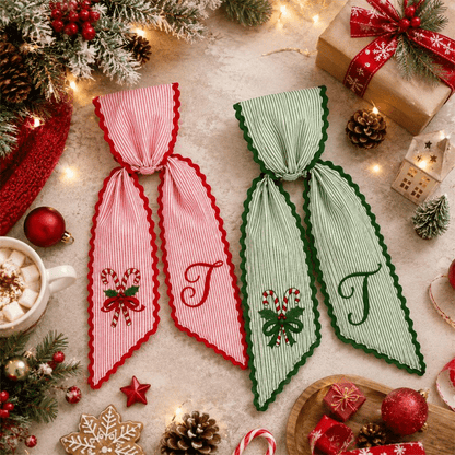 Personalized Christmas Wreath Sash, Pink Stripe Monogram Door Bow
