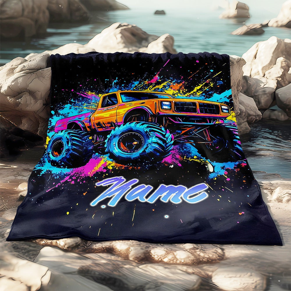 Personalized Monster Truck Flannel Blanket – Custom Name Ink Splitter Design