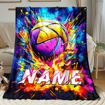 Custom Name Cool Spray Paint Volleyball Blanket, Lightweight Flannel, Soft and Warm