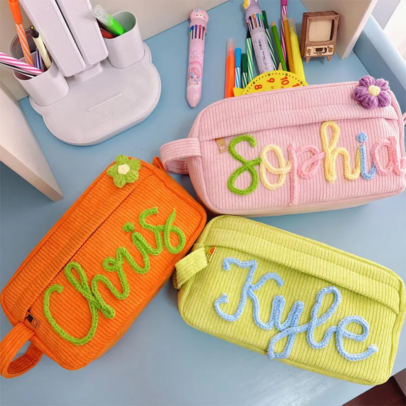 Yarn Name Pencil Case, Personalized Corduroy Pouch, Back To School Gift