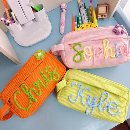 Yarn Name Pencil Case, Personalized Corduroy Pouch, Back To School Gift