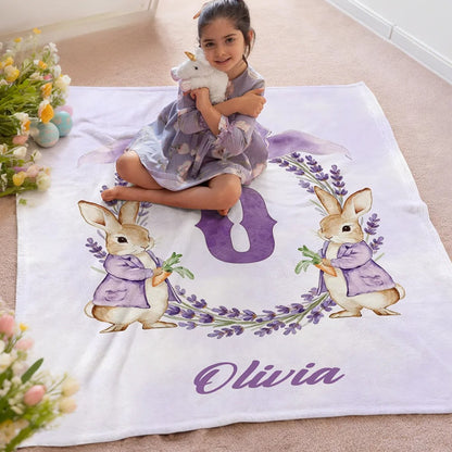 Personalized Easter Watercolor Bunny Bow Wreath Blanket