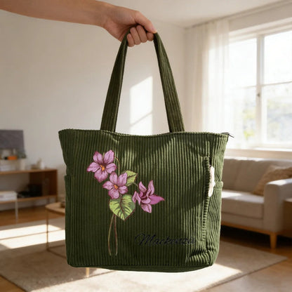 Personalized Birth Flower Corduroy Large Capacity Tote Bag