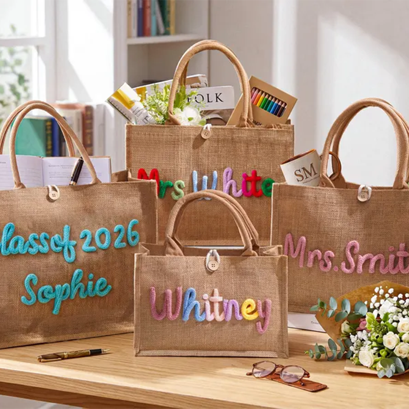 Personalized Burlap Teacher Tote Bag,Custom Crochet Name Tote Bag