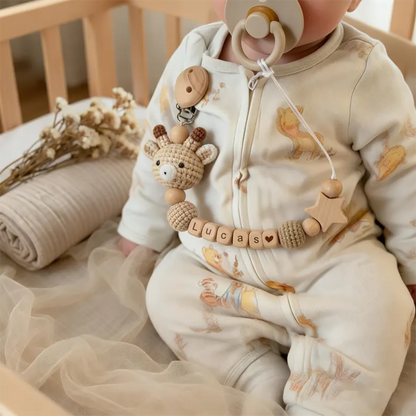 Personalized Crochet Pacifier Clip, Neutral Boho Pacifier Holder, Custom Name Baby Accessory