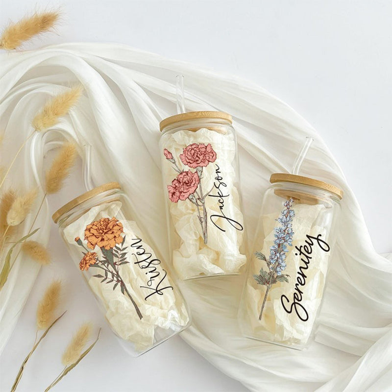 Personalized Birth Flower Tumbler With Name, Birth Flower Glass