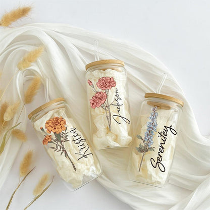 Personalized Birth Flower Tumbler With Name, Birth Flower Glass
