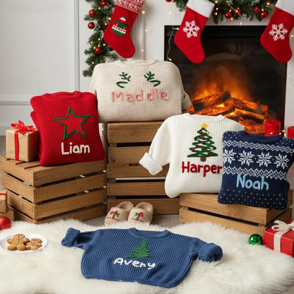 Hand-Embroidered Baby Christmas Sweater, Toddler Holiday Sweater