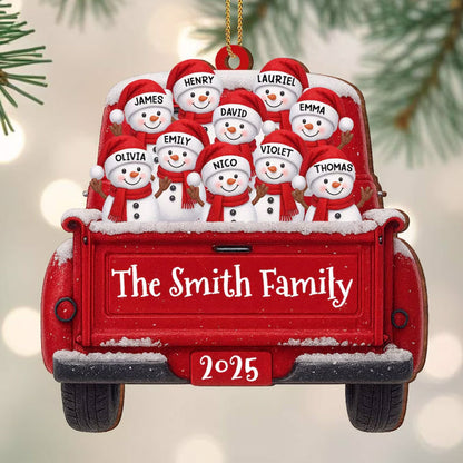 Custom Snowman Family Christmas Ornament, Red Truck Flat Ornament