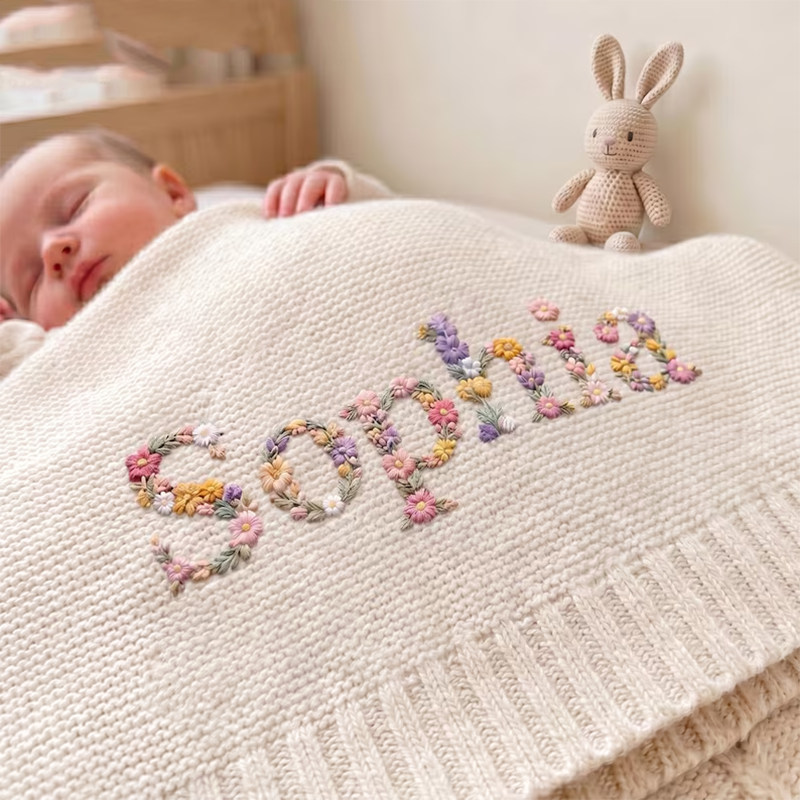 Custom Floral Baby Name Blanket, Newborn Hospital Gift,  Custom Baby Gift