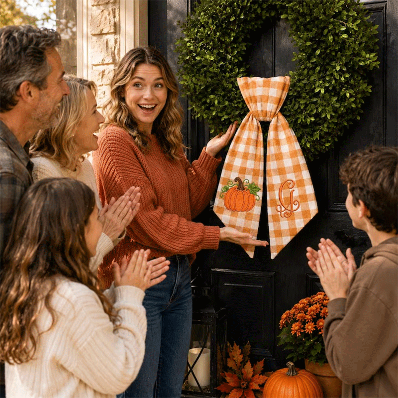 Personalized Pumpkin Wreath Sash - Fall Monogram Gingham Door Bow