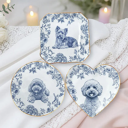 Custom Pet Portrait Jewelry Dish: Toile De Jouy Ceramic Trinket Dish