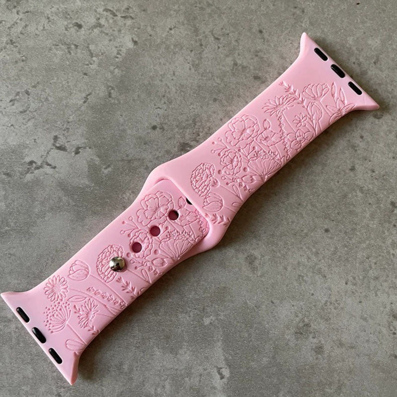 Apple Watch Silicone Sports Band / Strap - Engraved Wild Flowers Design